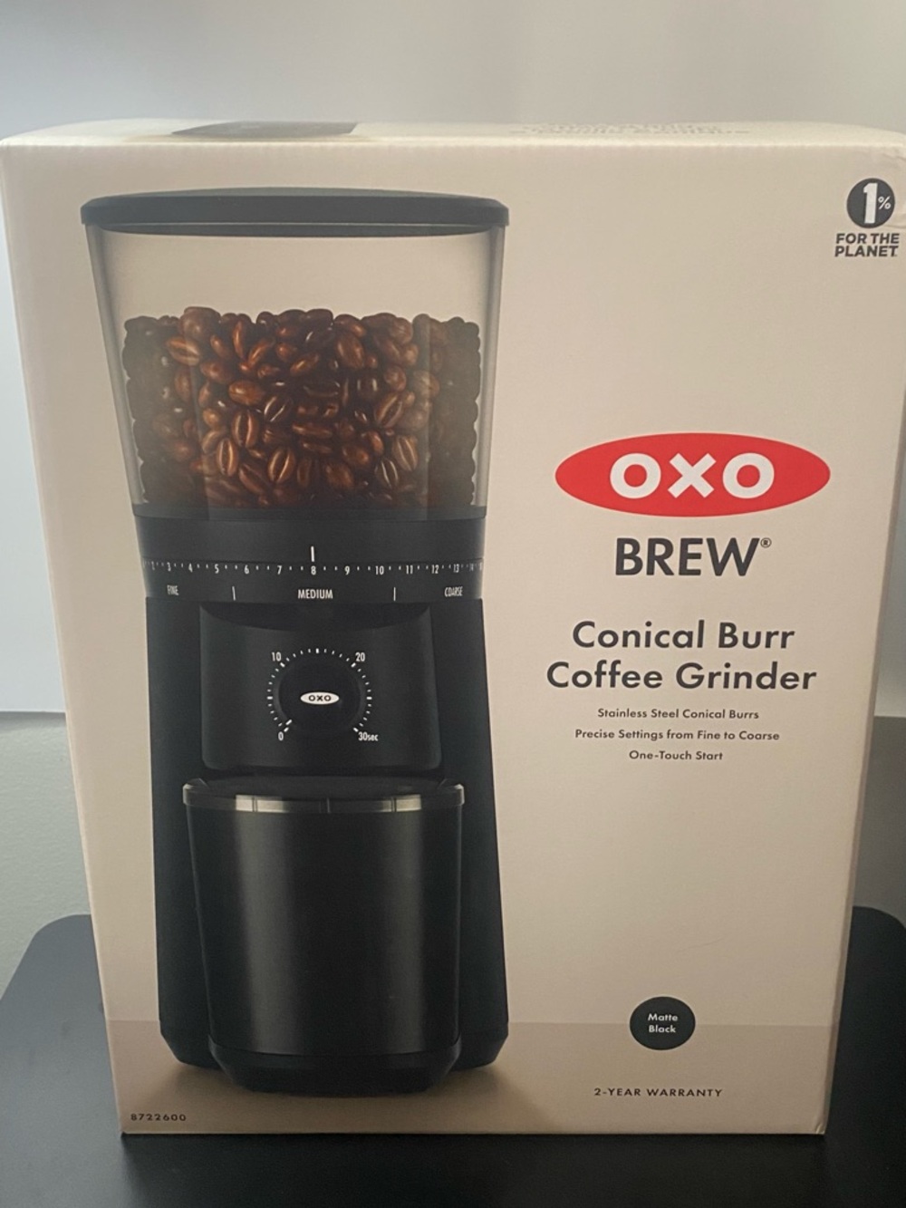 OXO Brew Matte Black Conical Burr Coffee Grinder with Clear Hopper